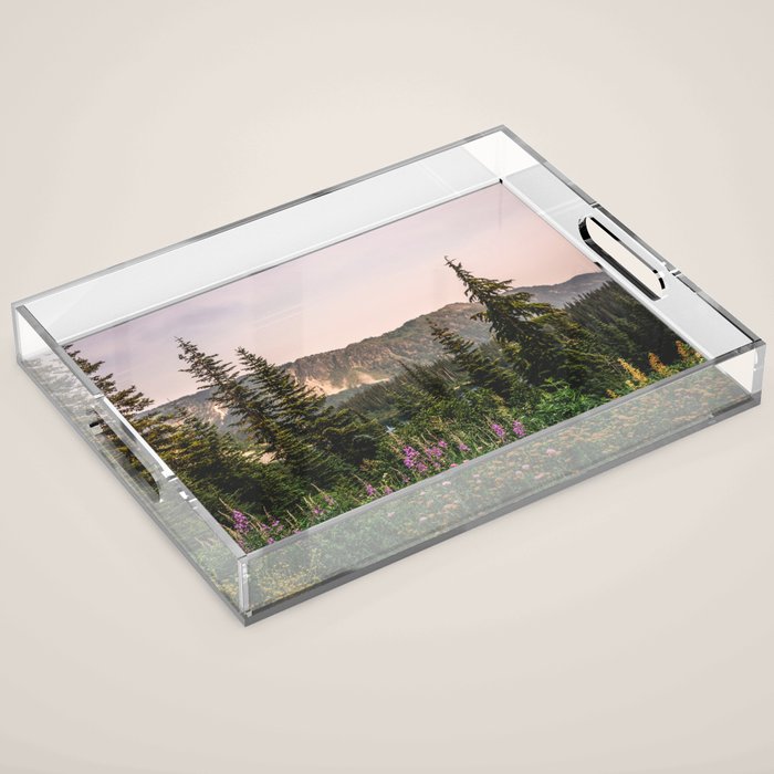 Mount Rainier Wildflower Adventure - National Park Wanderlust Acrylic Tray