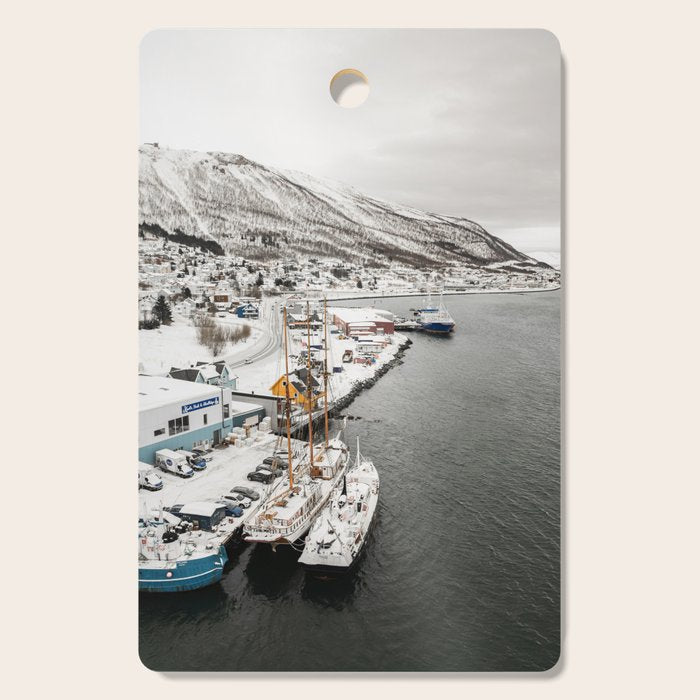 Harbor In Norway Snow Photo | Winter In Norway Boats And Mountains Art Print | Travel Photography Cutting Board