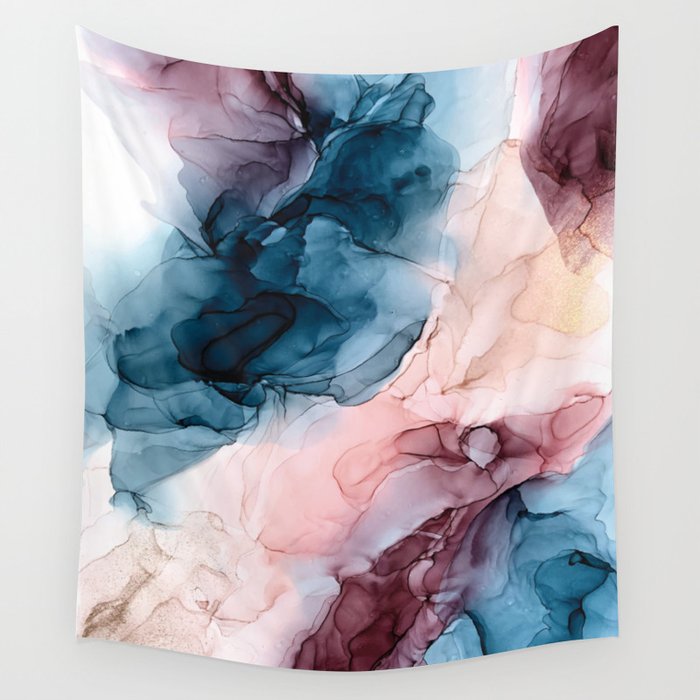 Pastel Plum, Deep Blue, Blush And Gold Abstract Painting Wall Tapestry