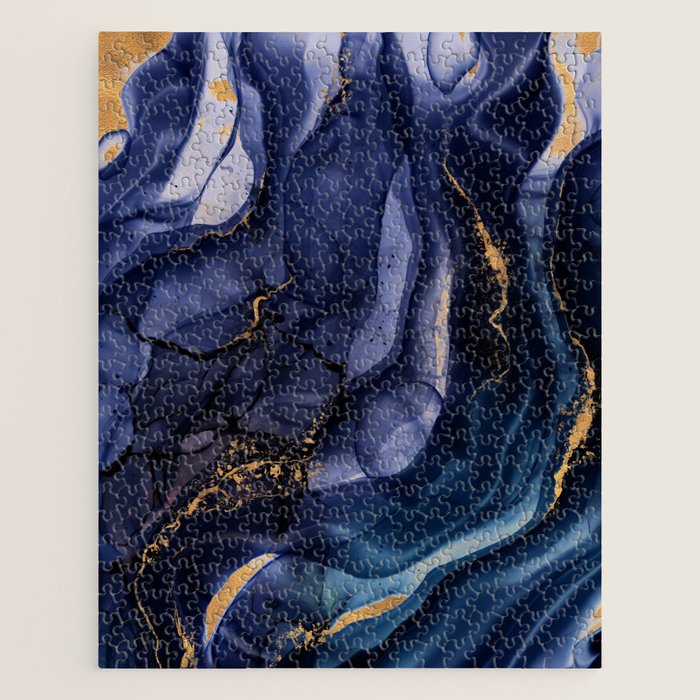 Midnight Dark Blue Marble Alcohol Ink Marble Art Flashes Jigsaw Puzzle