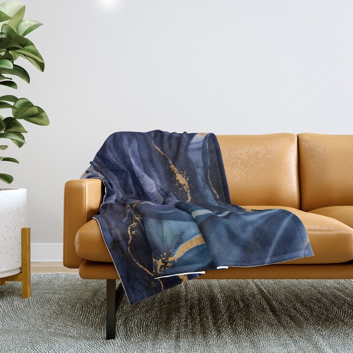 Midnight Dark Blue Marble Alcohol Ink Marble Art Flashes Throw Blanket