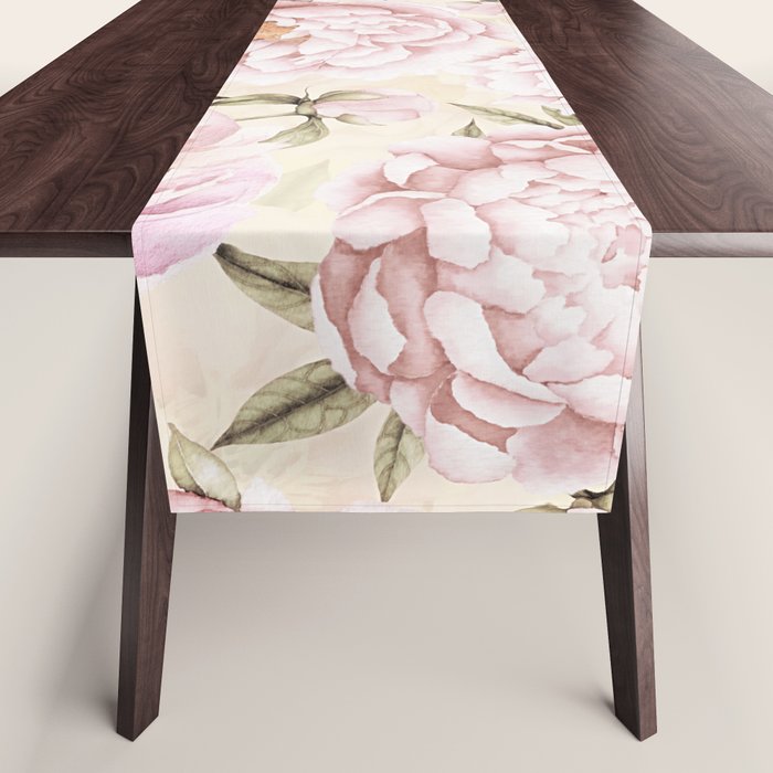 Pastel Blush Pink Spring Watercolor Peony Flowers Pattern Table Runner