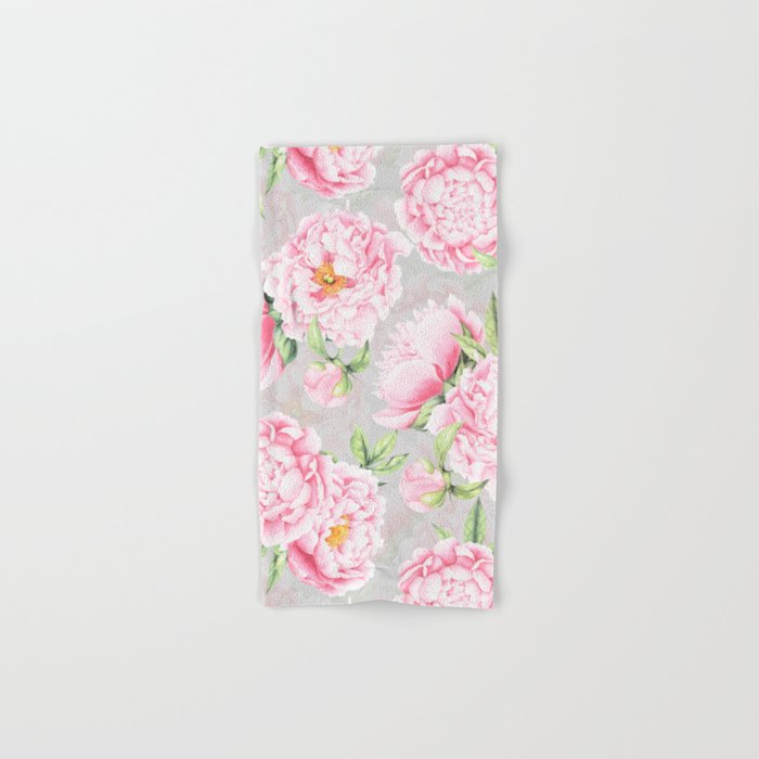 Hygge Blush Pink Peonies Pattern On Gray Bath Towel