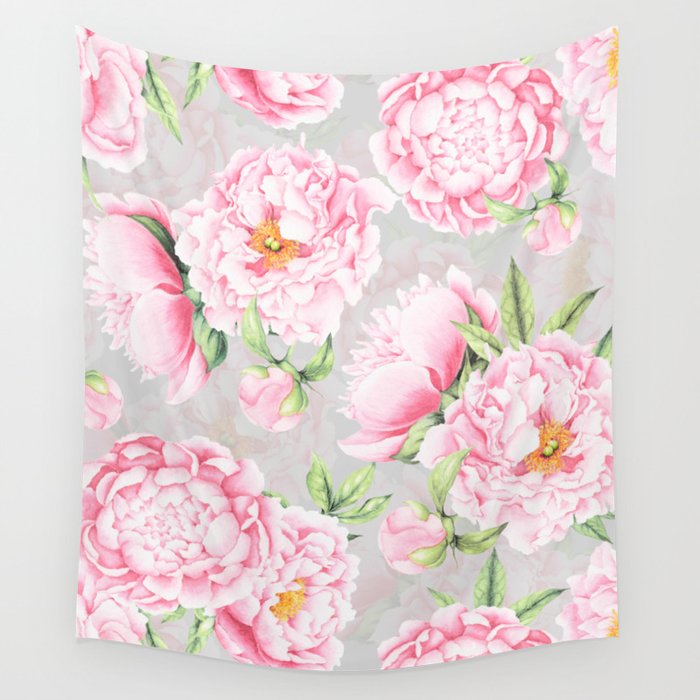 Hygge Blush Pink Peonies Pattern On Gray Wall Tapestry