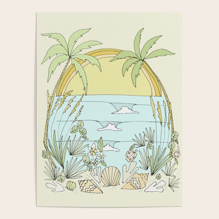 Tropical Vibes Fl Sunshine Seashells Waves // Retro Surf Art By Surfy Birdy Poster