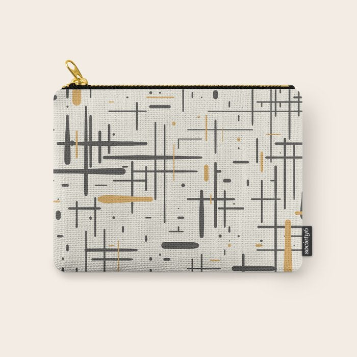 Mid-Century Modern Kinetikos Pattern In Charcoal Gray, Muted Mustard Gold, And Cream Carry All Pouch