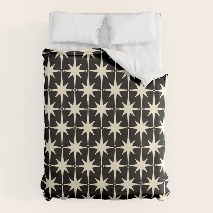 Midcentury Modern Atomic Age Starburst Pattern In Retro Cream And Black Duvet Cover