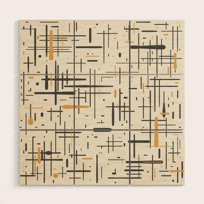 Mid-Century Modern Kinetikos Pattern In Charcoal Gray, Muted Mustard Gold, And Cream Wood Wall Art