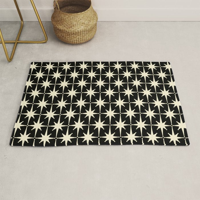 Midcentury Modern Atomic Age Starburst Pattern In Retro Cream And Black Rug