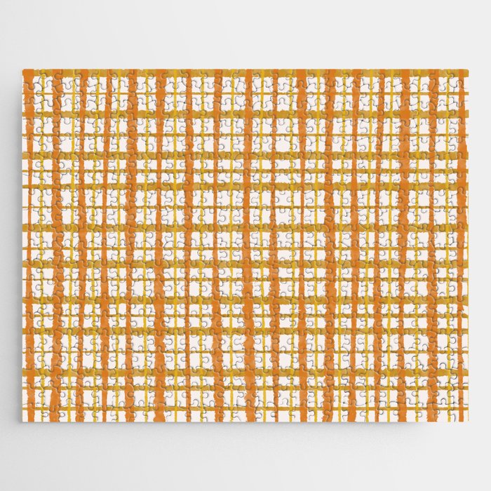 Hygge Retro Stripe Painted Plaid Pattern Orange Mustard Cream Jigsaw Puzzle