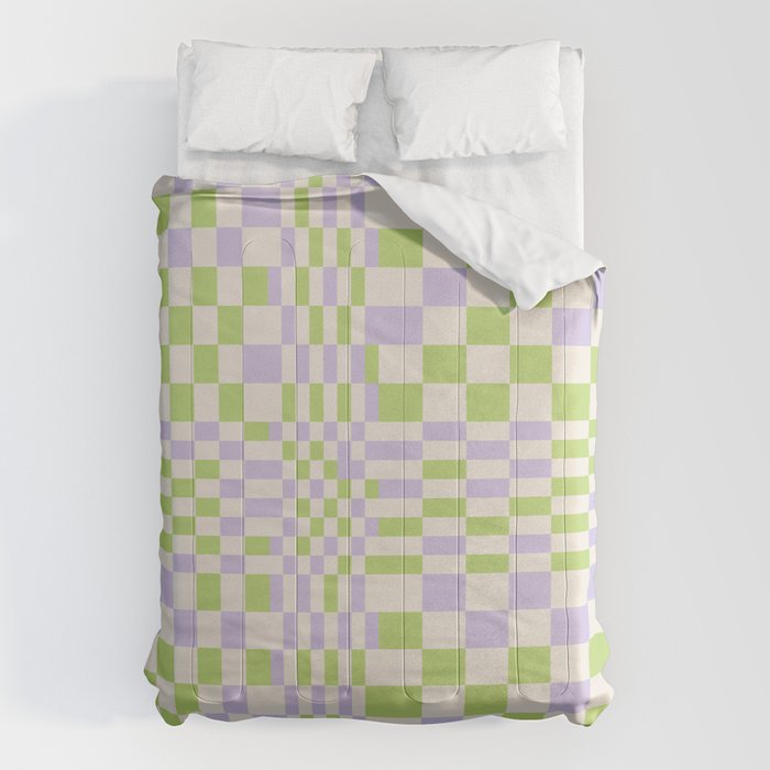 Happy Colorful Checkered Pattern Green And Lilac Comforter