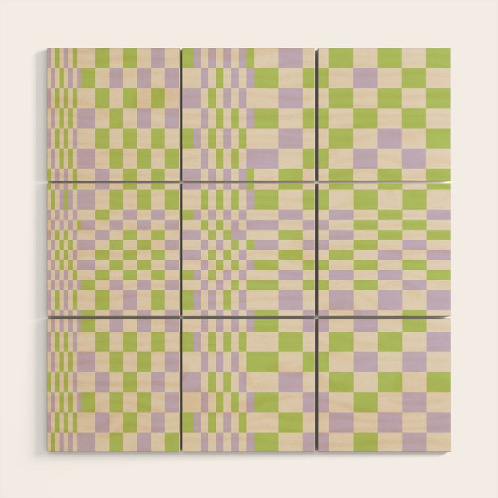 Happy Colorful Checkered Pattern Green And Lilac Wood Wall Art