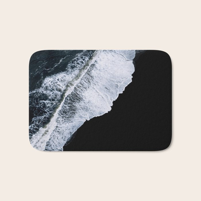 Waves Crashing On A Black Sand Beach - Minimal Landscape Photography Bath Mat