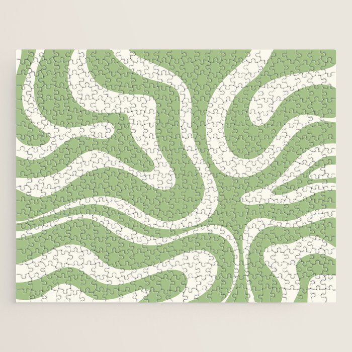 Modern Liquid Swirl Abstract Pattern In Light Sage Green And Cream Jigsaw Puzzle