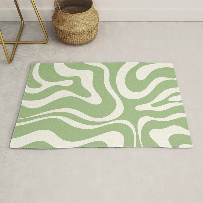 Modern Liquid Swirl Abstract Pattern In Light Sage Green And Cream Rug