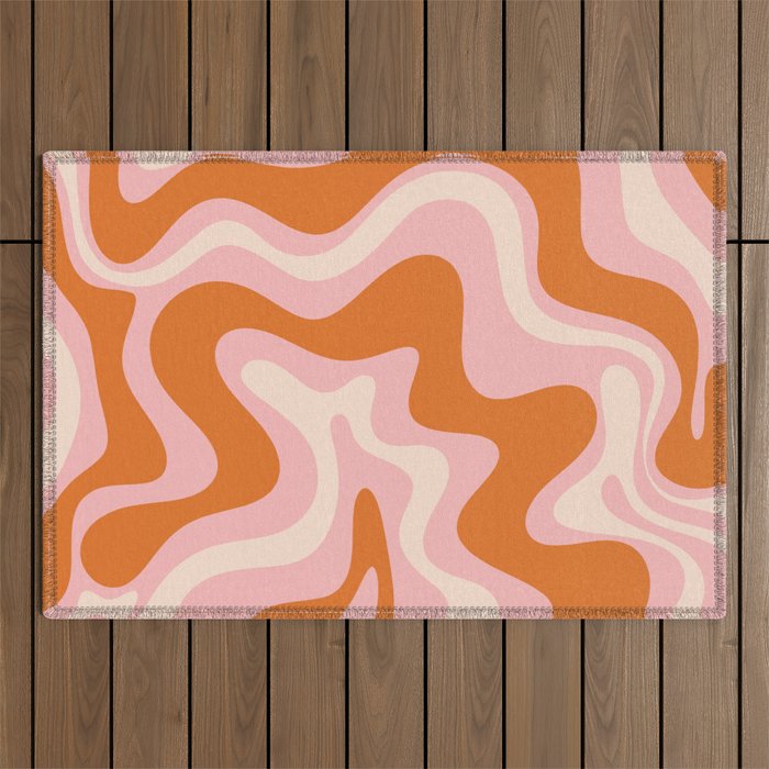 Liquid Swirl Retro Abstract Pattern In Pink Orange Cream Outdoor Rug