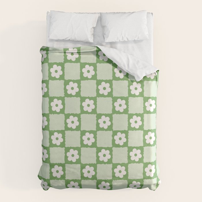Retro Flower Checker In Forest Green Duvet Cover