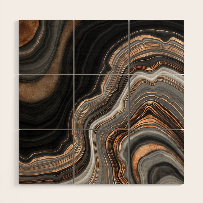 Elegant Black Marble With Gold And Copper Veins Wood Wall Art