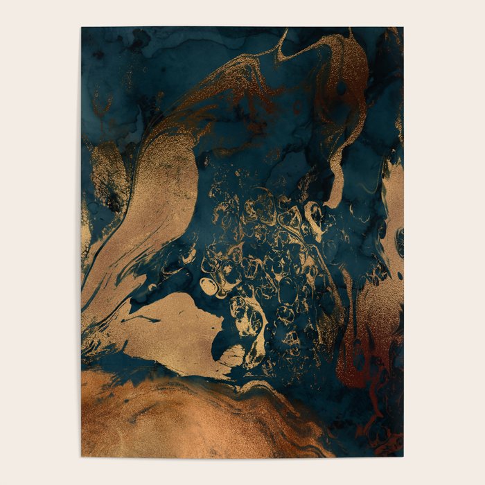Emerald Indigo And Copper Glamour Marble Poster