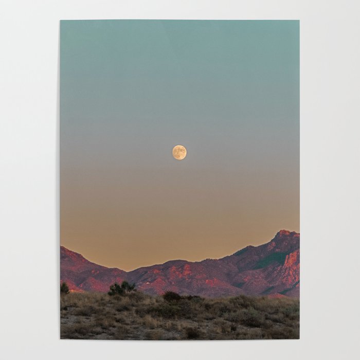 Sunset Moon Ridge // Grainy Red Mountain Range Desert Landscape Photography Yellow Fullmoon Blue Sky Poster