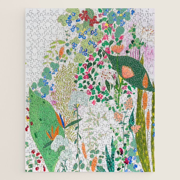 Painterly Floral Jungle On Pink And White Jigsaw Puzzle