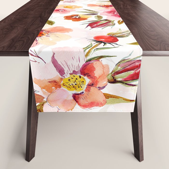 Hygge Watercolor Midsummer Dogroses Pattern  Table Runner