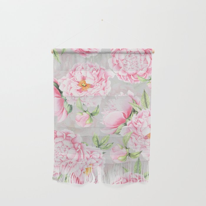 Hygge Blush Pink Peonies Pattern On Gray Wall Hanging