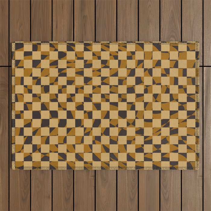 Abstract Checked In Golden Ochre Outdoor Rug