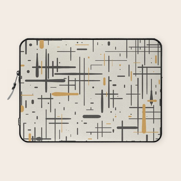 Mid-Century Modern Kinetikos Pattern In Charcoal Gray, Muted Mustard Gold, And Cream Laptop Sleeve