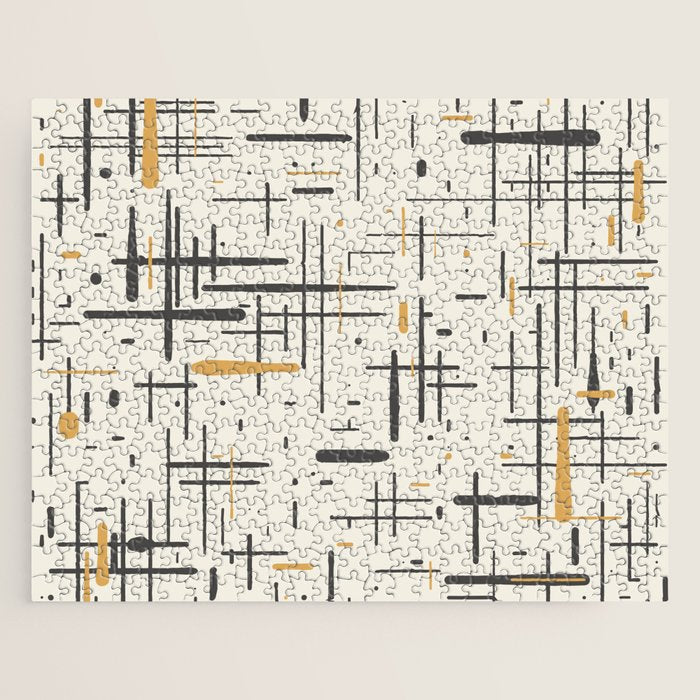Mid-Century Modern Kinetikos Pattern In Charcoal Gray, Muted Mustard Gold, And Cream Jigsaw Puzzle