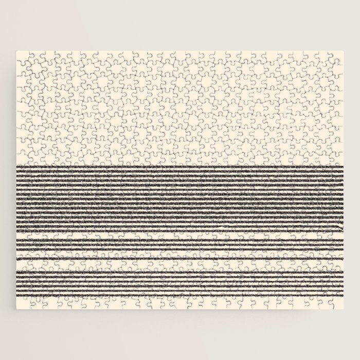Organic Stripes - Minimalist Textured Line Pattern In Black And Almond Cream Jigsaw Puzzle