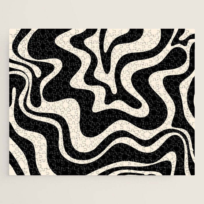 Retro Liquid Swirl Abstract Pattern 3 In Black And Almond Cream Jigsaw Puzzle