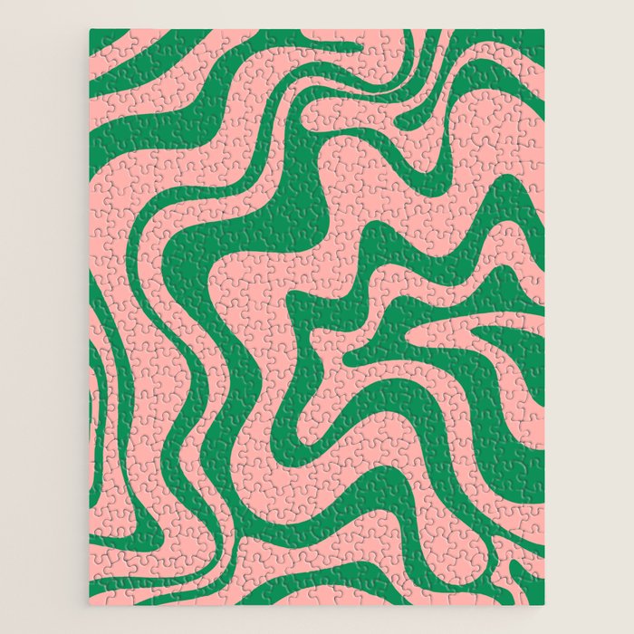 Liquid Swirl Retro Abstract Pattern In Pink And Bright Green Jigsaw Puzzle