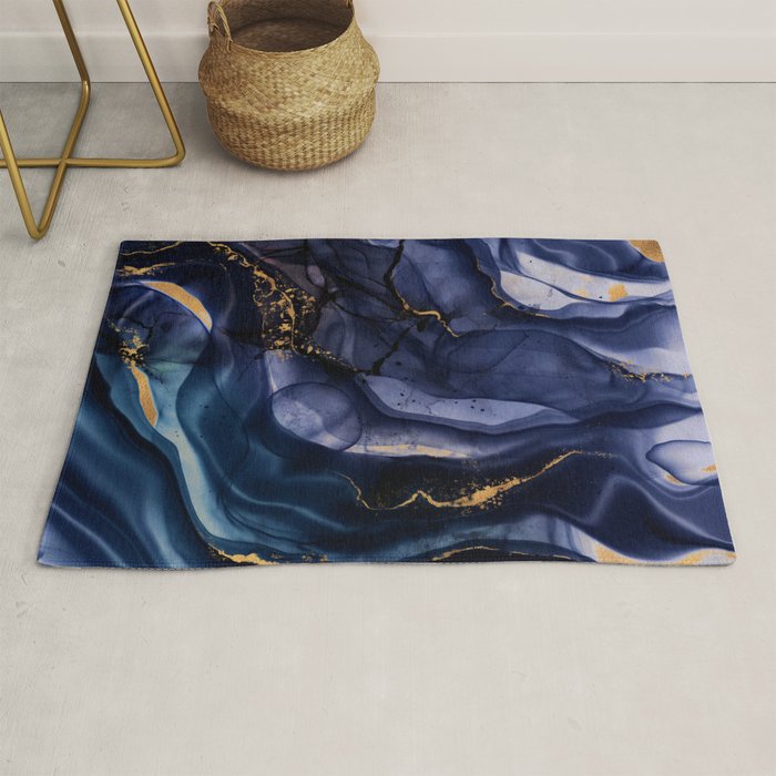 Midnight Dark Blue Marble Alcohol Ink Marble Art Flashes Rug