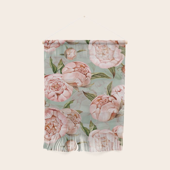 Peach Peonies Watercolor Pattern On Teal Sepia  Wall Hanging