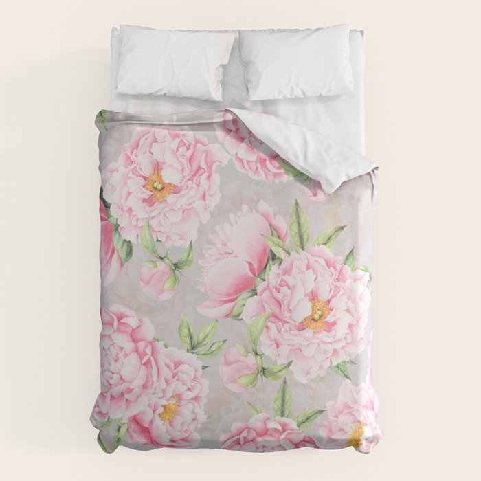 Hygge Blush Pink Peonies Pattern On Gray Duvet Cover