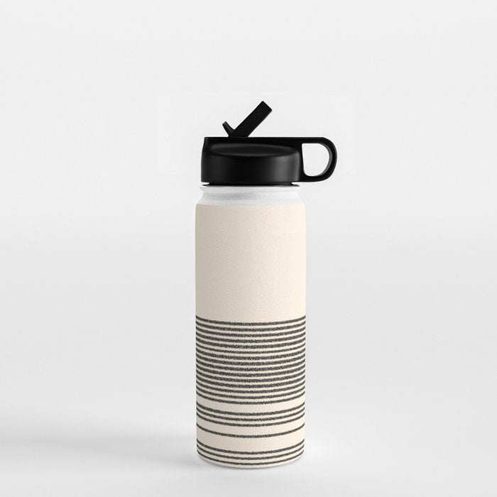 Organic Stripes - Minimalist Textured Line Pattern In Black And Almond Cream Water Bottle