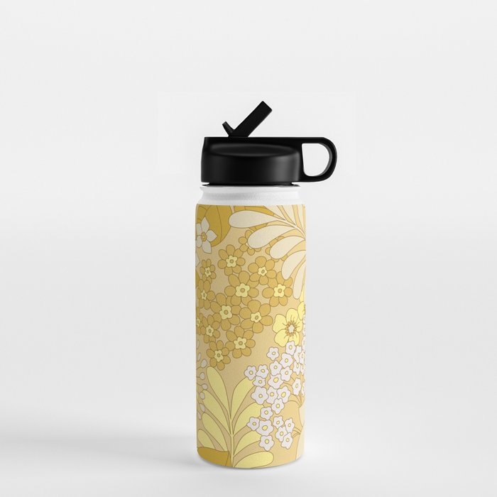 Yellow, Ivory & Brown Retro Floral Pattern Water Bottle