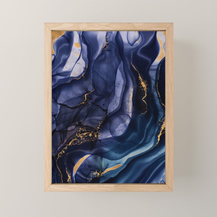 Midnight Dark Blue Marble Alcohol Ink Marble Art Flashes Mini Art Print