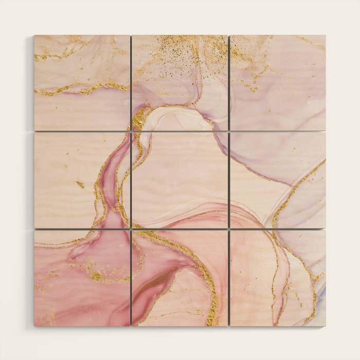 Blush Pink And Gold Alcohol Ink Marble Wood Wall Art