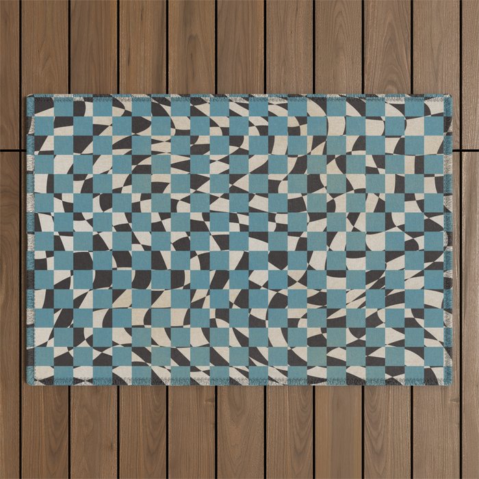 Abstract Checked Blue And Black Outdoor Rug