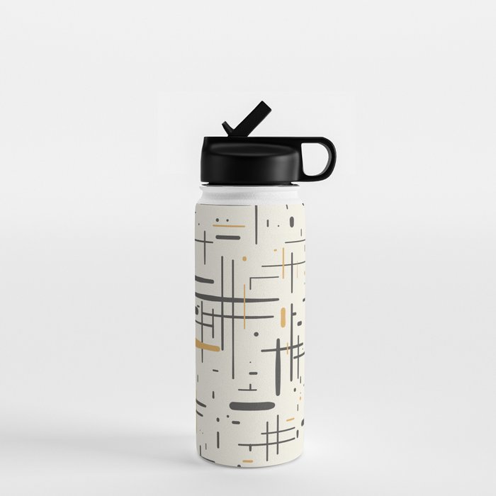 Mid-Century Modern Kinetikos Pattern In Charcoal Gray, Muted Mustard Gold, And Cream Water Bottle