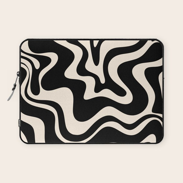 Retro Liquid Swirl Abstract Pattern 3 In Black And Almond Cream Laptop Sleeve