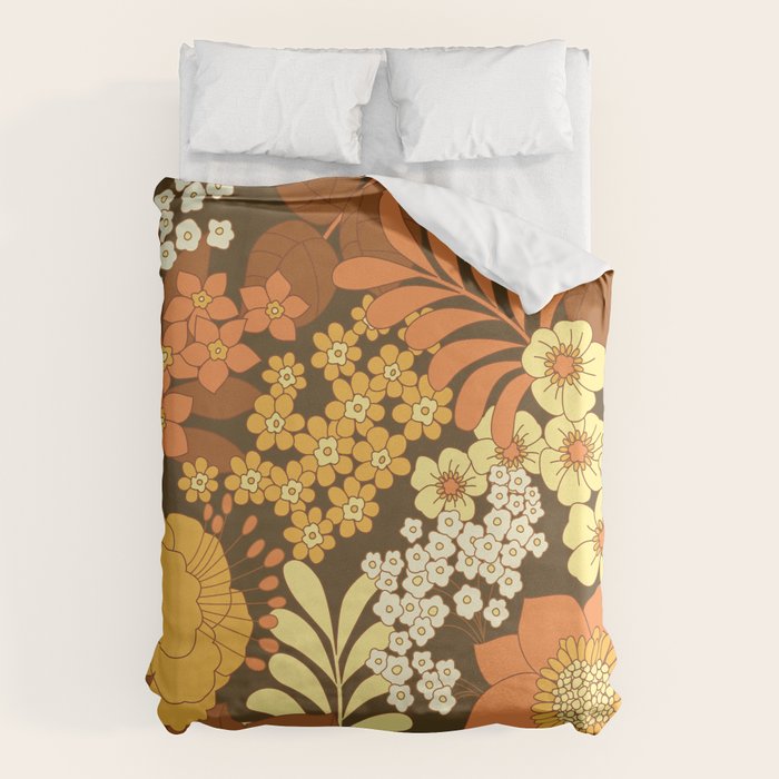 Brown, Yellow, Orange Qnd Ivory Retro Flowers Duvet Cover