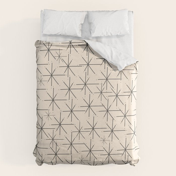 Stella - Atomic Age Mid Century Modern Starburst Pattern In Charcoal Gray And Almond Cream Duvet Cover