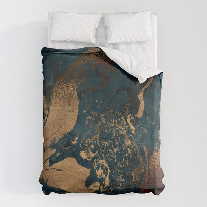 Emerald Indigo And Copper Glamour Marble Duvet Cover