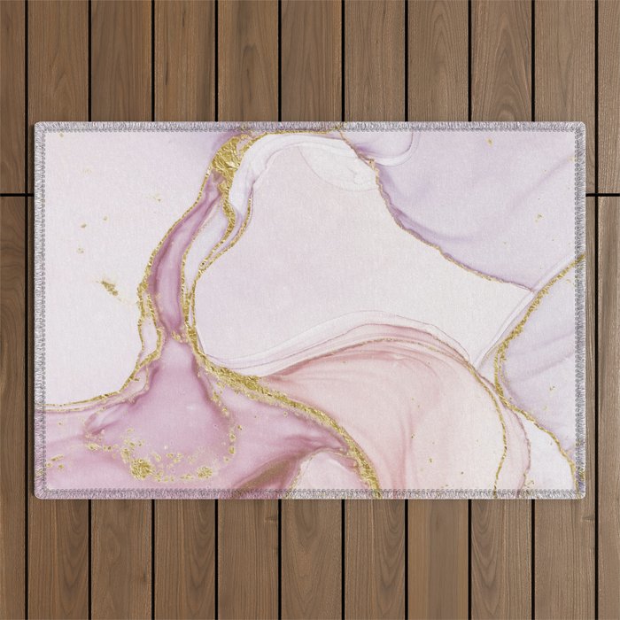Blush Pink And Gold Alcohol Ink Marble Outdoor Rug