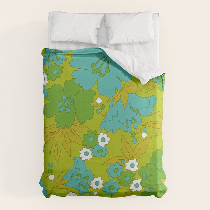 Green, Turquoise, And White Retro Flower Design Pattern Duvet Cover
