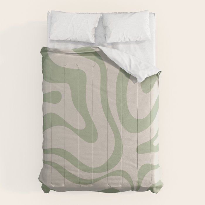 Liquid Swirl Abstract Pattern In Almond And Sage Green Comforter