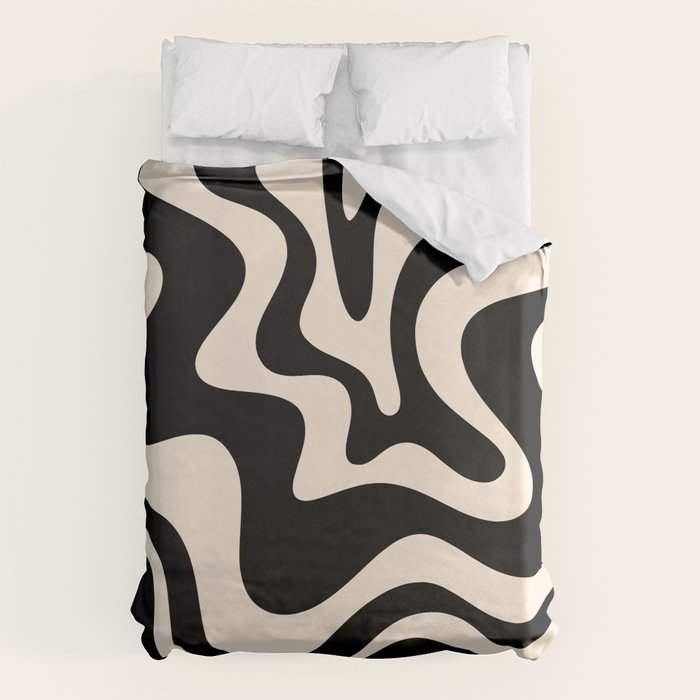 Retro Liquid Swirl Abstract Pattern 3 In Black And Almond Cream Duvet Cover